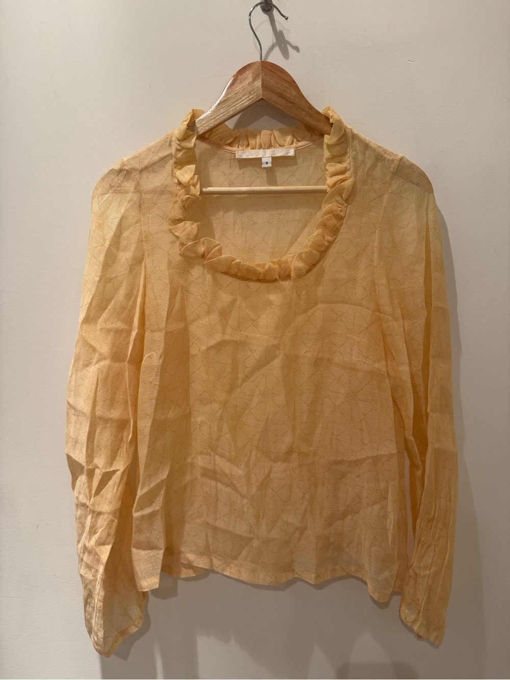 Erica Tanov. Bohemian Luxe style. Women's Yellow Ruffle Neck Long-Sleeve Top.
